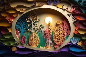 paper cut quilling multi dimensional easter egg in easter celebration, a lot of egg and small rabbit in background. Spring concept. photo