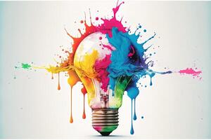 illustration of colorful bulb with splash of colors on white background. Creativity, eureka, imagination, inspiration. . Idea and solution concept photo