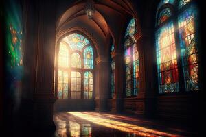 Palace interior with high stained-glass windows made of multicolored glass, an old majestic hall, sun rays through the windows. Dark fantasy interior. photo