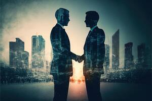 The double exposure image of two business man shaking hand with cityscape image. The concept of modern life, business, city life and internet of things. photo