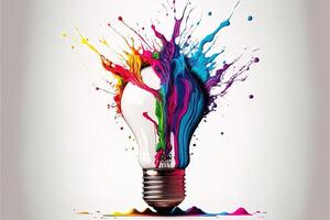 illustration of colorful bulb with splash of colors on white background. Creativity, eureka, imagination, inspiration. . Idea and solution concept photo