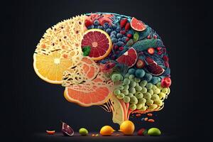 Human brain made of fruits and vegetables created using technology. Concept of nutritious foods for brain health and memory. Illustration Healthy brain food to boost brainpower nutrition photo