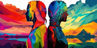 Generation AI abstract colorful vibrant colors male and female look together with landscape background. Concept of love photo