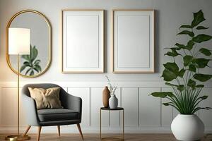 Two Vertical Blank Picture Frame Mockup on The Wall, Mid Century Living Room - . Blank picture frame mockup on wall in modern interior. Artwork template mock up in interior design. photo