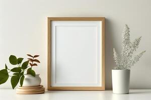 Blank picture frame mockup on wall in modern interior. Artwork template mock up in interior design. Wooden Picture Frame Mockup on White Wall Minimalist - photo