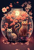 abstract design chinese new year cute cats with spring colors, surreal fantasy, peach flower. Happy new year concept 2023. Year of Cat. Lunar new year photo