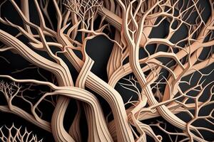 resumen intrincado entrelazados madera ramas creado con generativo ai tecnología. encantado cuento de hadas con entrelazados árbol siluetas foto