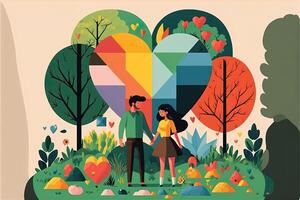 Happy young teenage couple in the park with flowers and trees in background, hybrid valentines day heart, holding heart nature play, acorns, coloured blocks, warm light, rainbow fabric, photo