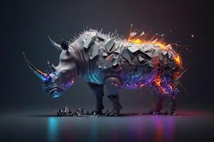 fusion of metal Rhino exploding through fire surrounded by scattered glass shards and debris, cosmic energy photo