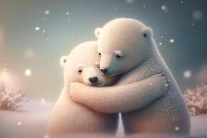 Two cute polar hug together in white snow background. Mother and baby polar bear cuddling as family in snow in winter. photo
