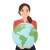 Smiling woman with planet earth in hands show care and love. Happy female teacher with globe. Nature conservation and protection. vector