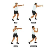 Man doing boxing moves exercise. Jab Cross Hook and Uppercut movement. Shadow boxing. Flat vector illustration