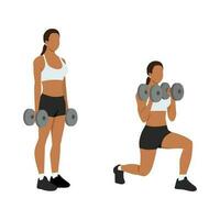 Woman doing Lunging. Lunge with bicep hammer curls exercise vector