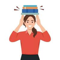 The concept of education and gaining knowledge. Smiling girl with a pile of books on her head. vector