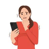 Frightened woman with phone biting nails in fear after reading bad news about approaching financial crisis. Girl with phone is afraid of threatening messages or will be on social networks vector