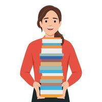 Woman holding stack of books. Bookstore, bookshop, library, book lover, bibliophile, education concept. Isolated vector illustration for poster.