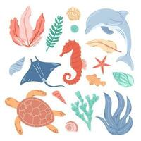 Square background with a group of underwater inhabitants and plants. Modern flat illustration of sea turtle, stingray, dolphin, seahorse and various seashells. vector