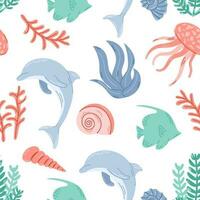 Seamless Marine Life Pattern. Cute ocean background for ocean themes, beach fabrics, summer textiles. Flat vector illustration