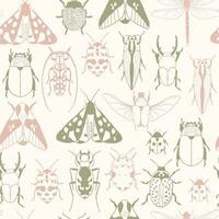 Background with hand drawn insects illustrations. Moth, beetle, bug, dragonfly. Entomological seamless pattern vector