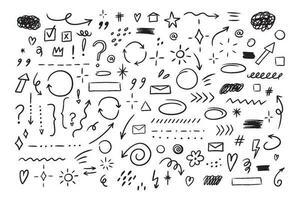 Hand drawn set of simple decorative elements. Various icons such as hearts, stars, speech bubbles, arrows, lines isolated on white background. vector