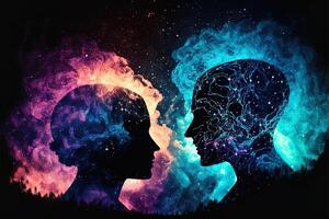 Man and woman silhouettes at abstract cosmic background. Human souls couple in love. Astral body, esoteric and spiritual life concept photo