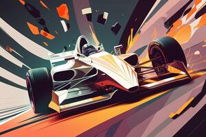 Futuristic racing formula at fast ride to finish. Post product digital illustration. Racing car in motion, Powerful acceleration of a car on a night track with colorful lights and trails photo