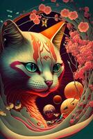 abstract design chinese new year cute cats with spring colors, surreal fantasy, peach flower. Happy new year concept 2023. Year of Cat. Lunar new year photo