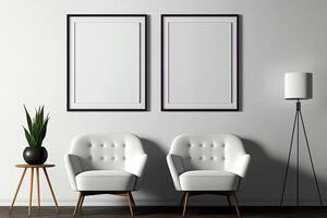 Two Vertical Blank Picture Frame Mockup on The Wall, Mid Century Living Room - . Blank picture frame mockup on wall in modern interior. Artwork template mock up in interior design. photo