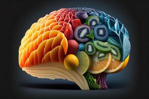 Human brain made of fruits and vegetables created using technology. Concept of nutritious foods for brain health and memory. Illustration Healthy brain food to boost brainpower nutrition photo