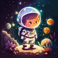 Adorable boy astronaut, in outer space, standing on a planet, bright colorful asteroids and galaxies, moonlight shining down, chibi style. Emblem for space travel, technology, cuteness photo