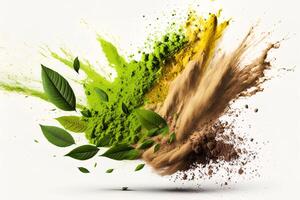 powder flavored explosion white background with kratom leafs mockup for matcha tea. photo