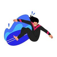 Female character surfing. Surfer standing on surfboard in wave. Flat vector illustration on white background.