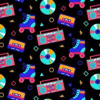 Colorful trendy seamless pattern with 80s-90s elements on black background. vector