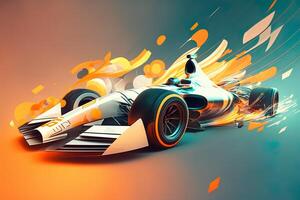 Futuristic racing formula at fast ride to finish. Post product digital illustration. Racing car in motion, Powerful acceleration of a car on a night track with colorful lights and trails photo