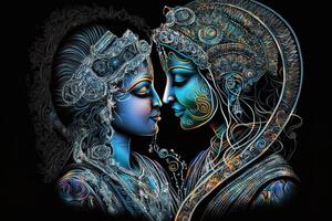 radha Krishna en amor medio Disparo fotografía retrato de cósmico galáctico generativo ai. símbolo de divino amor. Arte impresión para hogar decoración hindú Pareja en resumen decorativo antecedentes foto