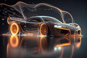 hyper car neon background . Streamline test over the modern car design, diffuse plastic optic, some glowing contours illuminate the car details, dark scene, cinematic lightning photo