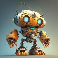 Cute white smiling robotic teen mini unit robot toy gesturing. Cute robot on a white backdrop with a pointing hand and a winking eye. technological idea. photo