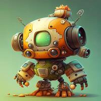 Cute white smiling robotic teen mini unit robot toy gesturing. Cute robot on a white backdrop with a pointing hand and a winking eye. technological idea. photo
