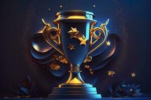 Champion golden trophy with gold stars on blue dark background. Generation AI. Concept of success and achievement. Gold glitters explosion. photo