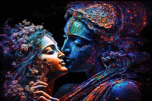 radha Krishna en amor medio Disparo fotografía retrato de cósmico galáctico generativo ai. símbolo de divino amor. Arte impresión para hogar decoración hindú Pareja en resumen decorativo antecedentes foto