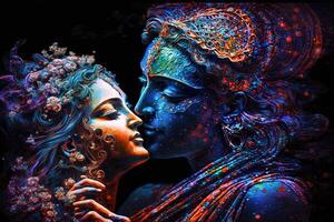 Radha krishna in love medium shot photography portrait of cosmic galactic . symbol of Devine Love. Art Print For Home Decor hindu couple on abstract decorative background photo