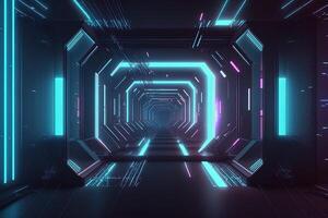 Abstract neon lights into digital technology tunnel. Futuristic technology abstract background with lines for network, big data, data center, server, internet, speed. technology photo