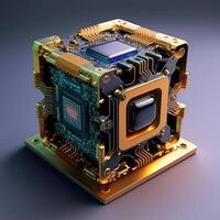 a quantum chip, A futuristic glowing CPU quantum computer processor. Digital chip with HUD elements. Futuristic microchip processor. Modern CPU illustration . Central Computer Processors photo