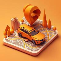 Online mobile application taxi ordering service , Orange taxi car driving along the route to the marker on a smart phone, on a city map. Car and satellite navigation systems concept. photo