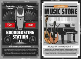 Radio broadcast poster, music instruments store vector