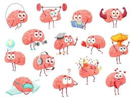 Cartoon brain characters, brainstorm and health vector