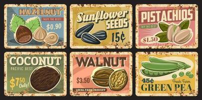 Nuts, legumes and seeds vintage rusty plates vector