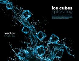 Ice cubes in blue transparent water wave splash vector