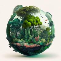 a green mini planet earth, Illustration of planet Earth with a giant tree. Energy saving, ecology and environment sustainable resources conservation concept. photo