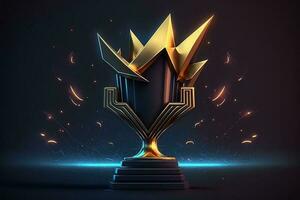 Champion golden trophy with gold stars on blue dark background. Generation AI. Concept of success and achievement. Gold glitters explosion. photo